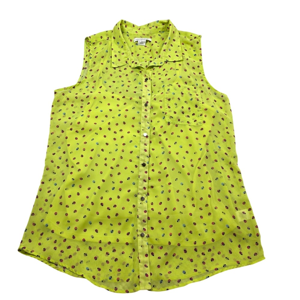 Ladybug Print Sheer Blouse Womens Large Lime Green Naturecore Maximalist Office